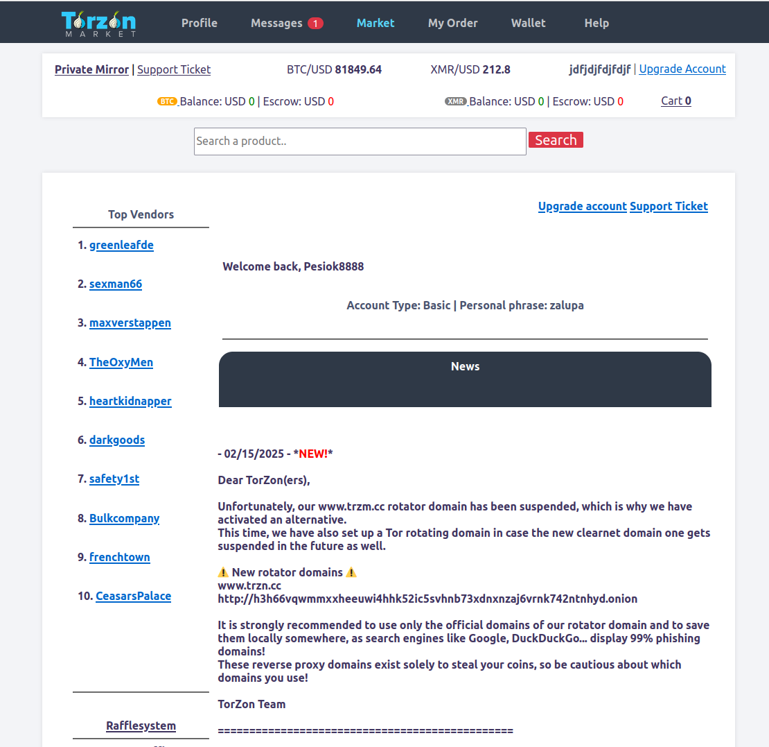 Torzon Market Platform - Anonymous Darknet Trading