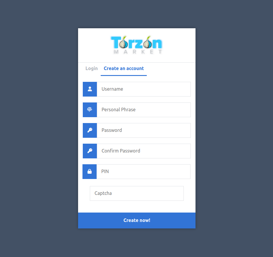 Torzon Market Registration Form - Create Account Page